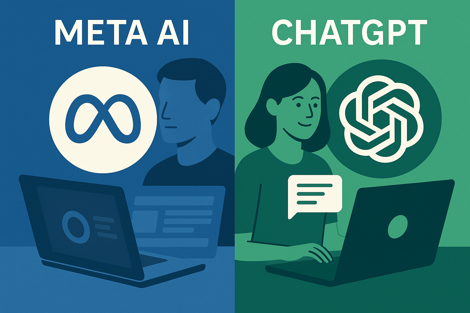 Illustratie die het verschil toont tussen Meta AI en ChatGPT: links een zakelijke Meta-gebruiker met advertentietools, rechts een coach met ChatGPT als schrijf- en denkhulp.